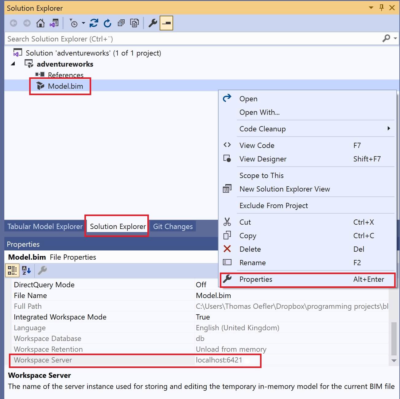 how to debug visual studio tabular model projects in power bi.