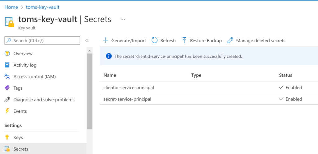 Add the service principals clientid and secret to an azure key vault