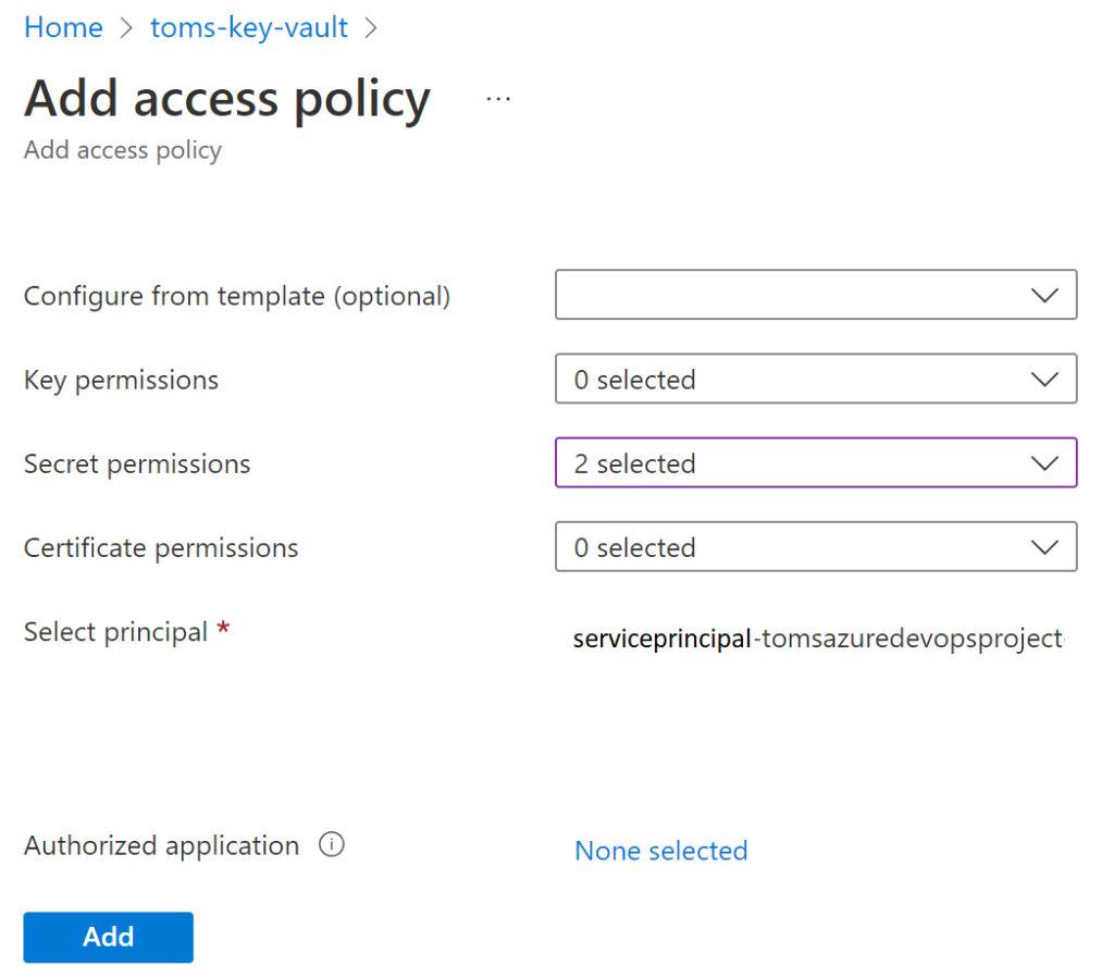 Provide Get and List permissions for Azure DevOps service principal to access secrets in key vault