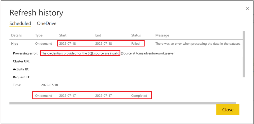 problem with Power BI dataset refresh due to expired access token
