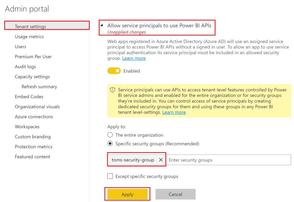 Security group added to Power BI in order to use Power BI APIs